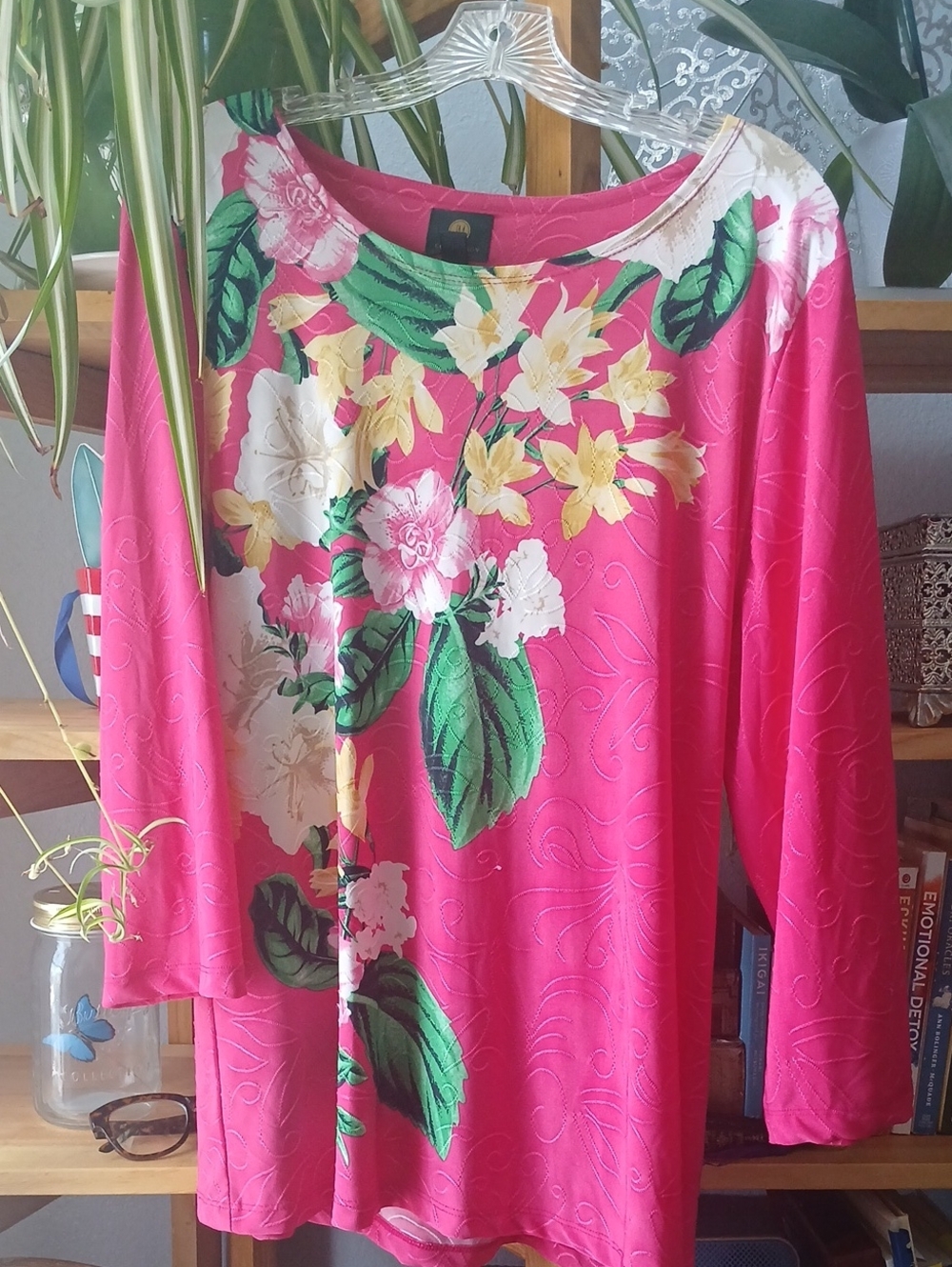 XL -  Hot Pink Floral Top with Green and Yellow Print